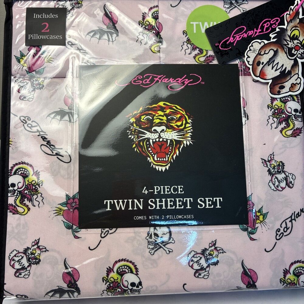 New Ed Hardy Twin 4 Pc Double Brushed Sheet Set Pink Dragon Skull Bedding Y2K
